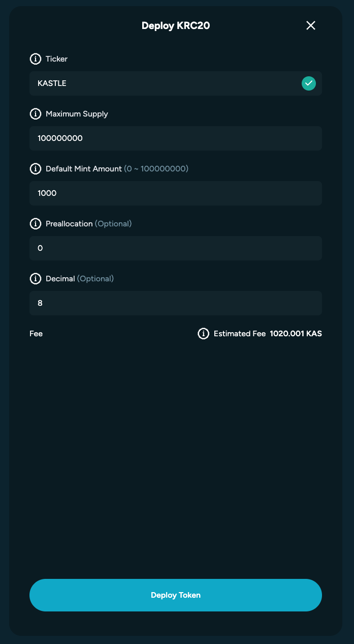Screenshot of Kastle deploy krc20 Page
