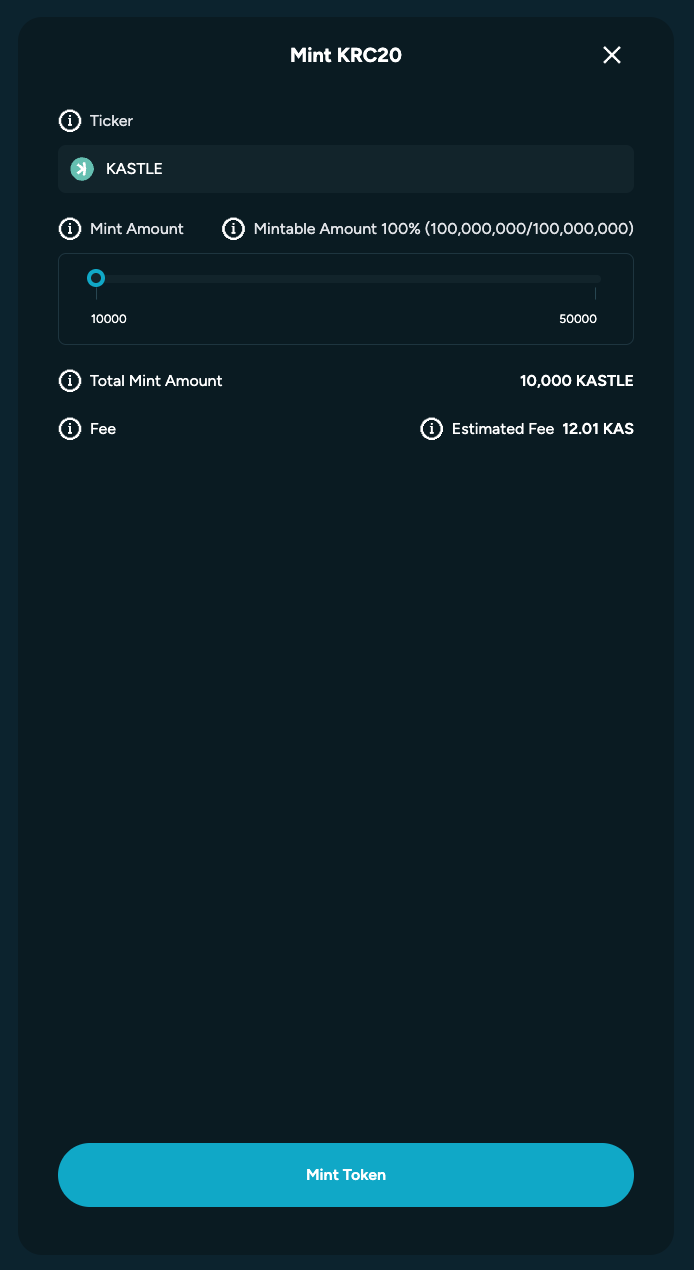 Screenshot of Kastle extension mint Page