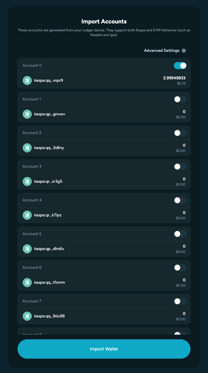 Screenshot of Kastle accounts list Page