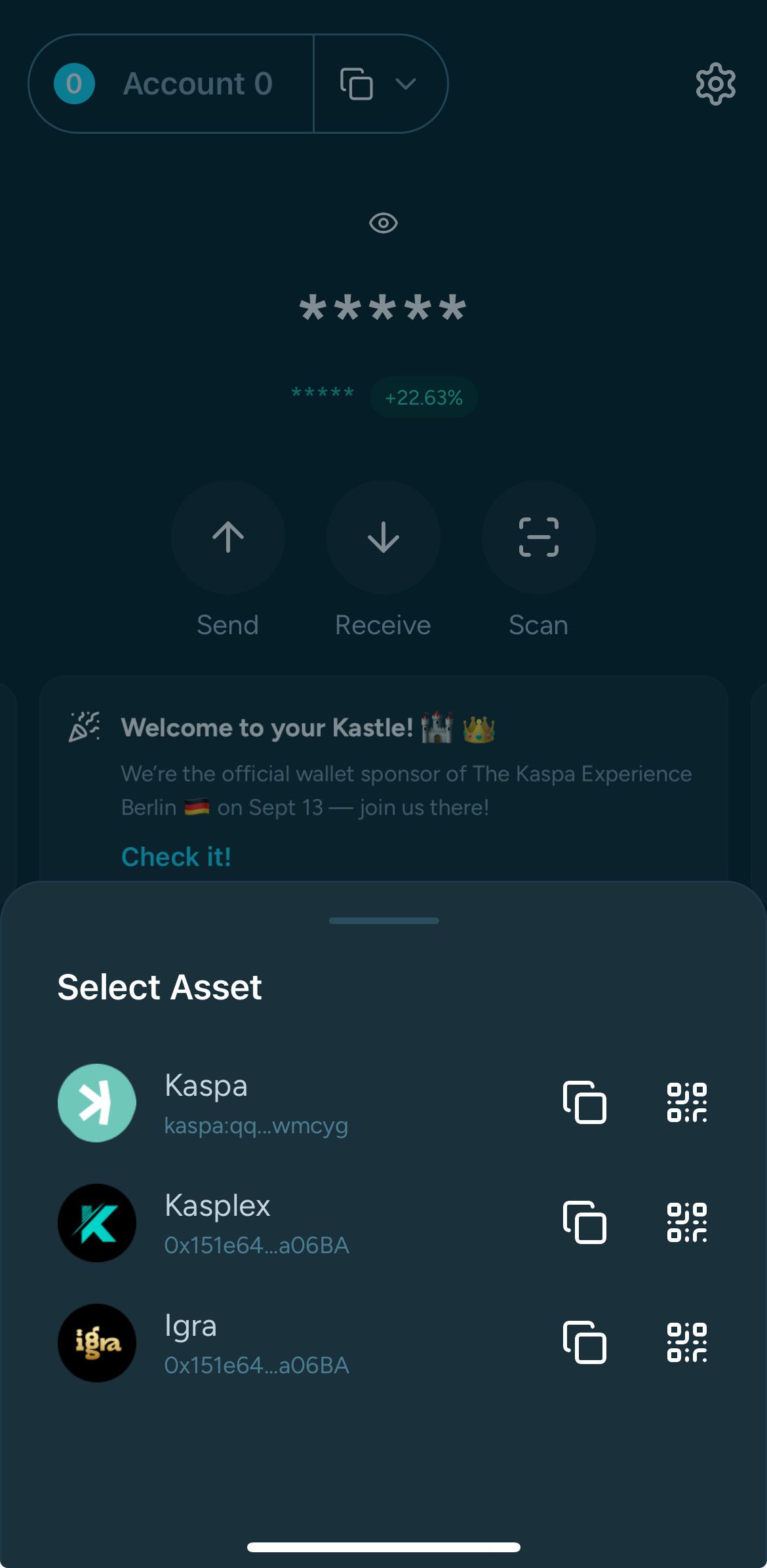 Screenshot of Kastle select receiving wallet Page