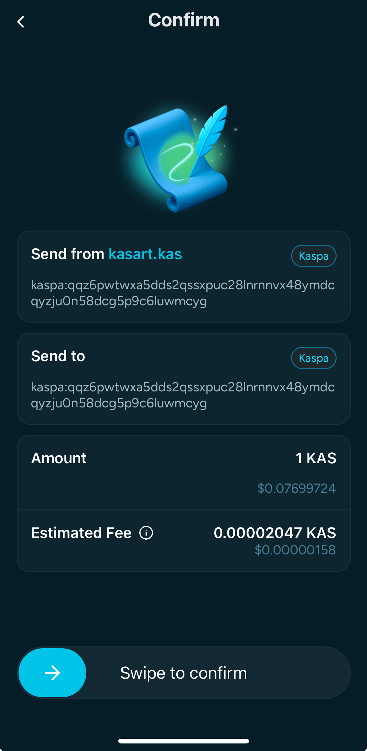 Screenshot of Kastle send confirmation Page